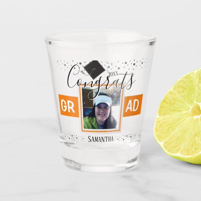 Graduation Congrats GRAD Name and Photo Orange Shot Glass (Front)