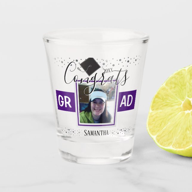 Graduation Congrats GRAD Name and Photo Purple Shot Glass (Front)