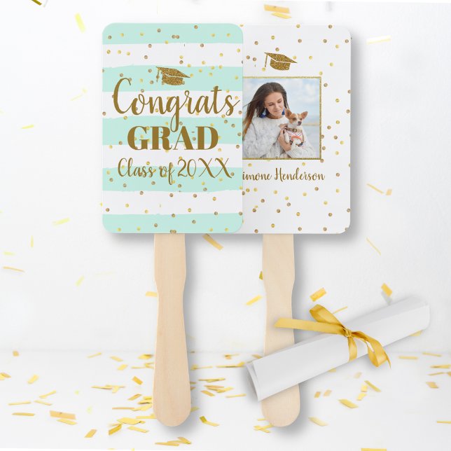 Graduation Congrats Grad Photo Gold Glitter Stripe Hand Fan (Creator Uploaded)