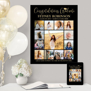 Graduation Congrats Photo Collage Black and Gold Poster