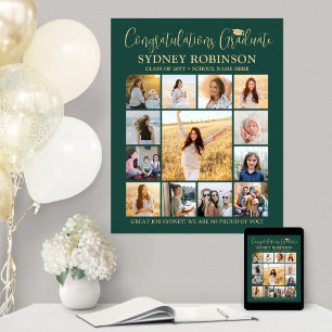 Graduation Congrats Photo Collage Green and Gold Poster
