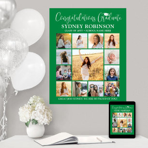 Graduation Congrats Photo Collage Green and White Poster
