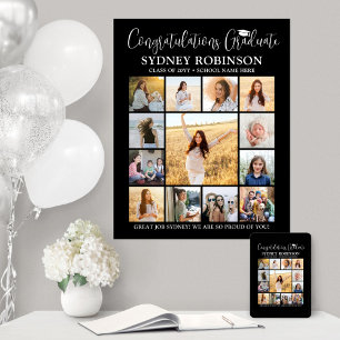 Graduation Congrats Photo Collage Modern Black Poster