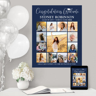 Graduation Congrats Photo Collage Navy Blue White Poster