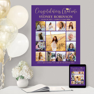 Graduation Congrats Photo Collage Purple and Gold Poster