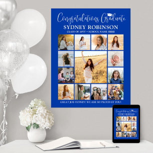 Graduation Congrats Photo Collage Royal Blue White Poster