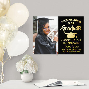 Graduation Congrats Photo Elegant Black and Gold Foil Prints