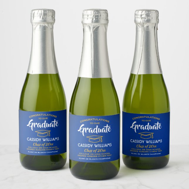 Graduation Congrats Royal Blue and Gold Mini Split Sparkling Wine Label (Bottles)