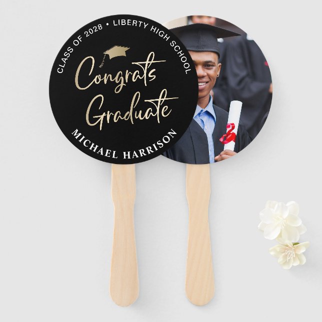 Graduation Congratulation Photo Black Hand Fan (Front and Back)