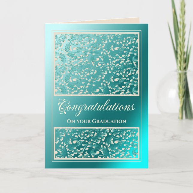 Graduation Congratulations Damask Teal Card (Front)