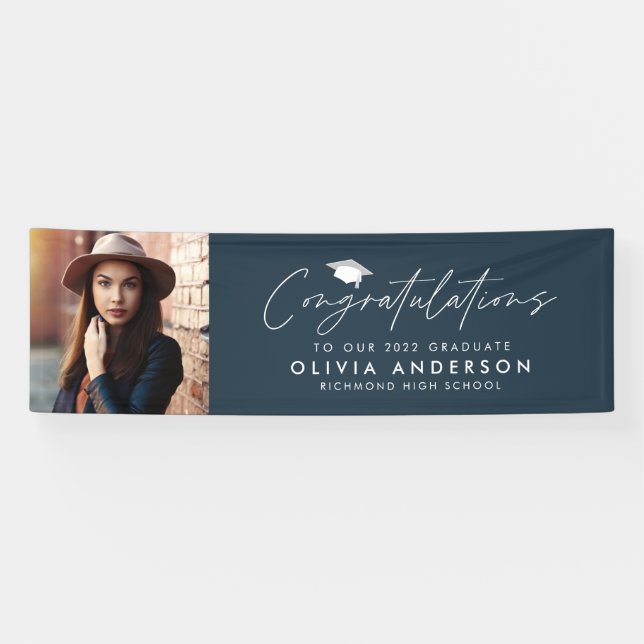 Graduation congratulations navy blue modern photo banner (Horizontal)