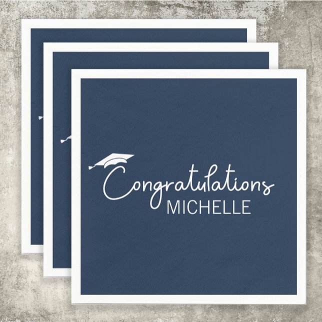 Graduation Congratulations Navy Blue White Script Napkin (Navy blue and white graduation party paper napkin)