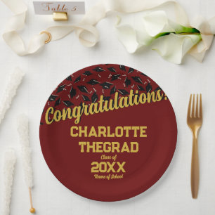 Graduation Congratulations Personalise Maroon Gold Paper Plate