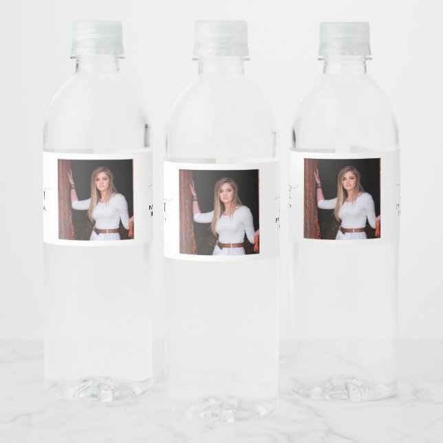 Graduation Congratulations Photo Black Script Water Bottle Label (Bottles)