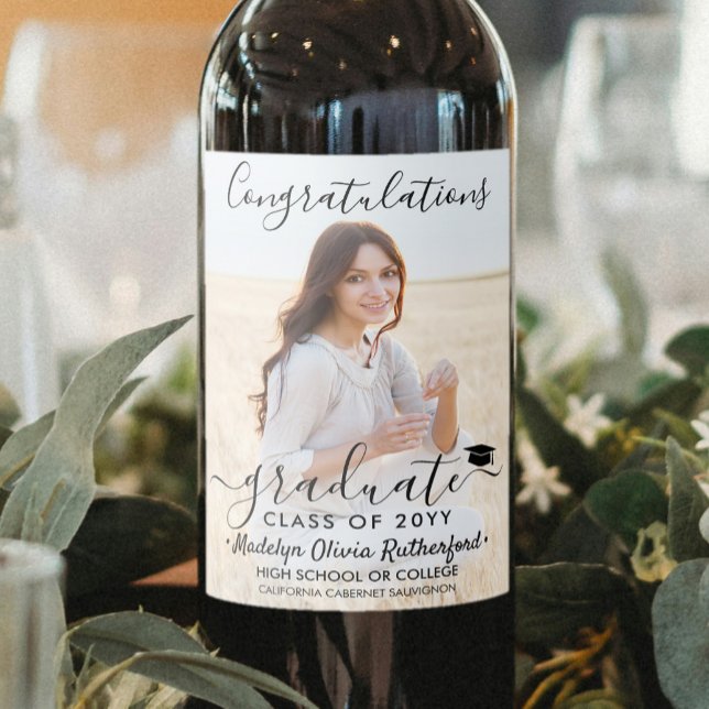 Graduation Congratulations Photo & Black Script Wine Label (Creator Uploaded)
