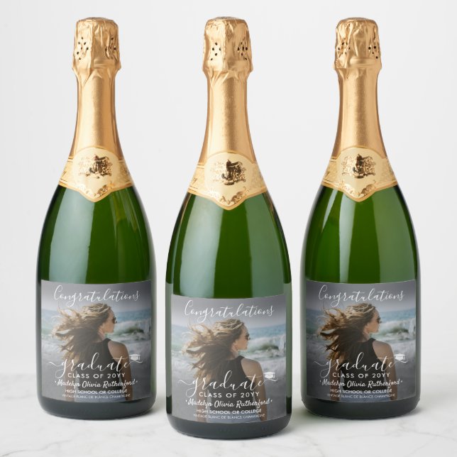 Graduation Congratulations Photo & White Script Sparkling Wine Label (Bottles)