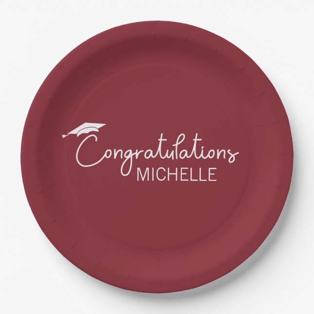 Graduation Congratulations Red White Script Simple Paper Plate (Front)