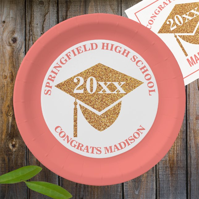 Graduation Coral Pink Gold Decorative Party Paper Plate (Creator Uploaded)