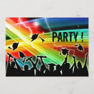 Graduation Crowd Throwing Caps Cosmic Lightning Invitation