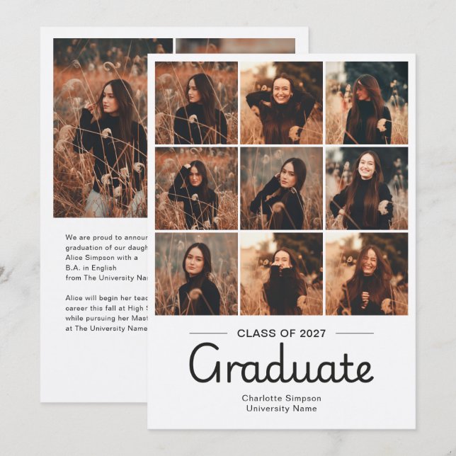 Graduation Cursive Script Minimal 11 Photo White Invitation (Front/Back)