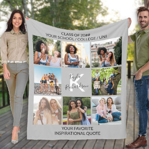 Graduation Custom Quote 8 Photo Grid Collage Grey Fleece Blanket