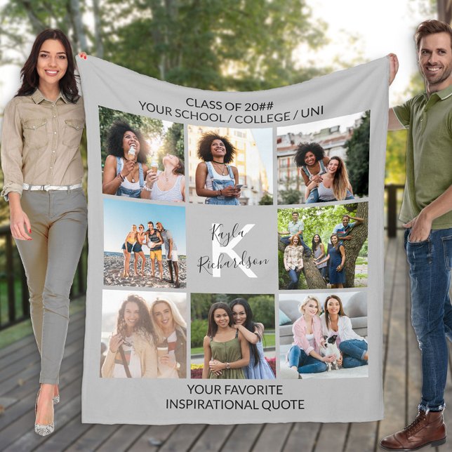 Graduation Custom Quote 8 Photo Grid Collage Grey Fleece Blanket (Creator Uploaded)