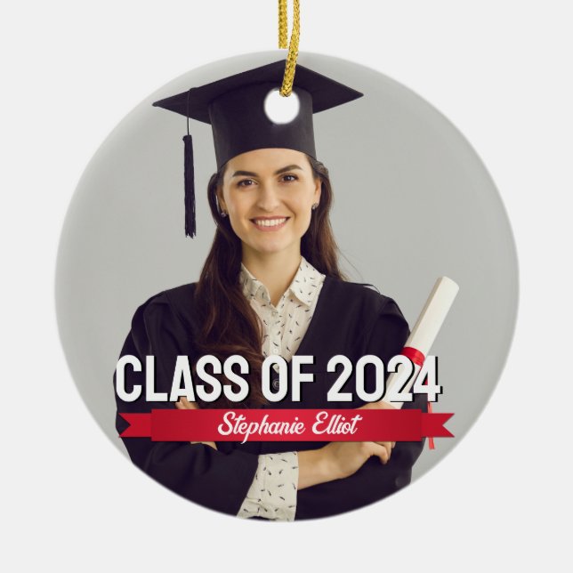 Graduation Custom Red Ribbon Class Of School Year  Ceramic Ornament (Front)