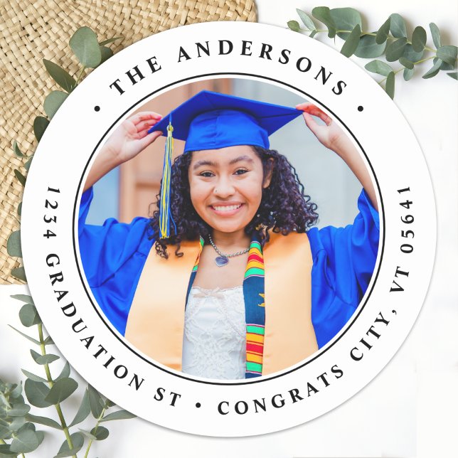 Graduation Custom Simple Photo Return Address Classic Round Sticker (Creator Uploaded)