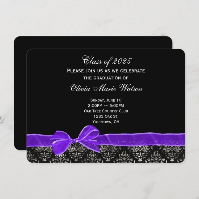 Graduation damask design with purple bow invitation (Front/Back)