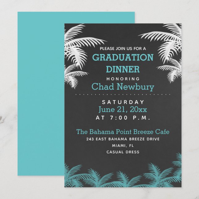 Graduation Dinner Palm Tree Chalkboard Tropical Invitation (Front/Back)