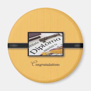 Graduation Diploma, Black, Gold, Round Gift Magnet