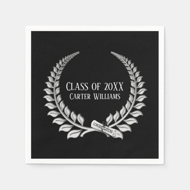 Graduation Diploma Silver Laurel on Black Napkin (Front)