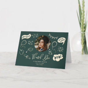 Graduation Doodle With Graduate Photo Green Thank You Card
