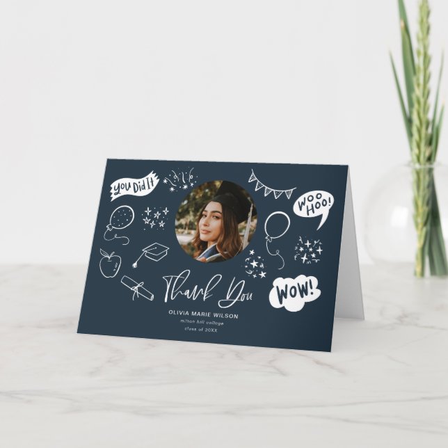 Graduation Doodle With Graduate Photo Navy Blue Thank You Card (Front)