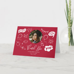 Graduation Doodle With Graduate Photo Red Thank You Card