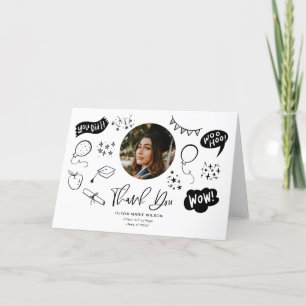 Graduation Doodle With Graduate Photo White Thank You Card