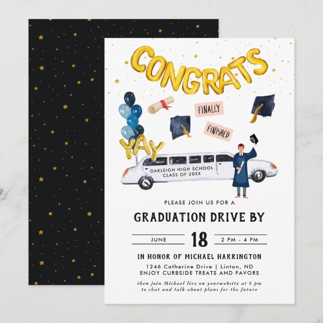 Graduation Drive By Parade Party | White Limo Invitation (Front/Back)