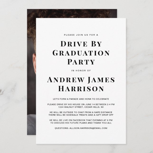 Graduation Drive By Party Minimal Modern Photo Invitation (Front/Back)