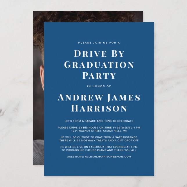 Graduation Drive By Party Minimal Photo Blue Invitation (Front/Back)