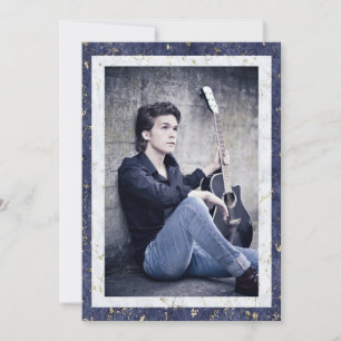 Graduation Elegant Blue White Marble With Photo Announcement