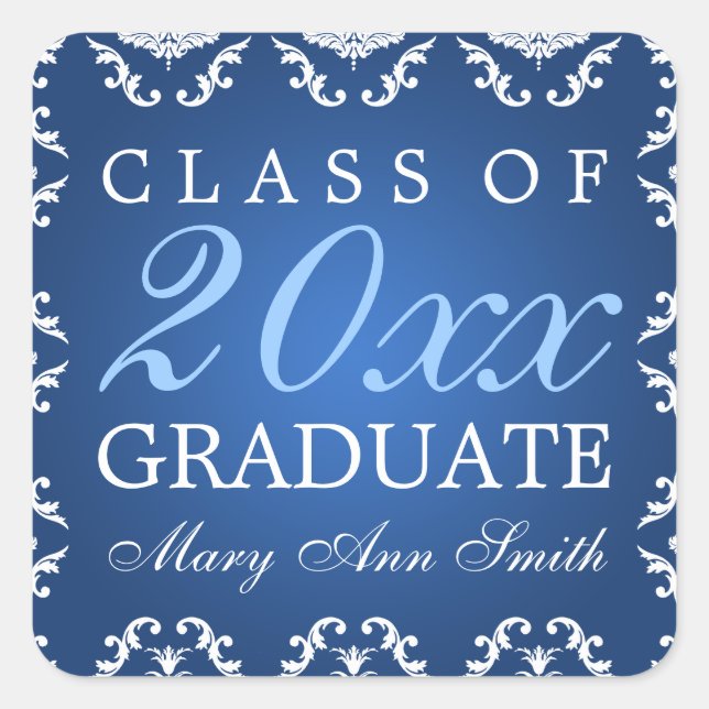 Graduation Elegant Damask Blue Square Sticker (Front)