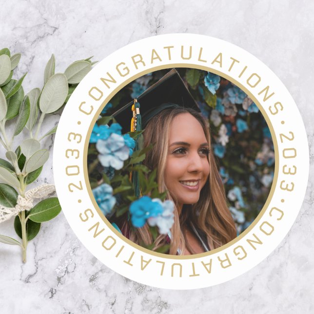 Graduation Elegant Gold Custom Photo Classic Round Sticker (Creator Uploaded)