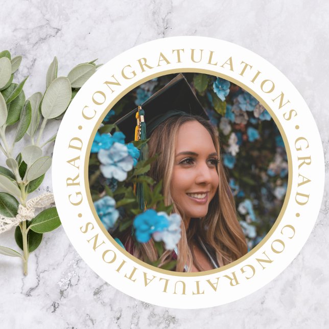 Graduation Elegant Gold Custom Photo Classic Round Sticker (Creator Uploaded)