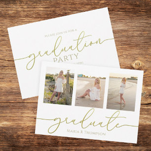 Graduation Elegant Minimalist Three Photo Gold  Card
