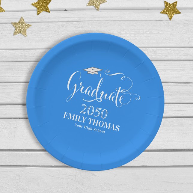 Graduation Elegant Modern Calligraphy Script  Blue Paper Plate (Creator Uploaded)