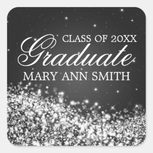 Graduation Elegant Sparkling Wave Black Square Sticker