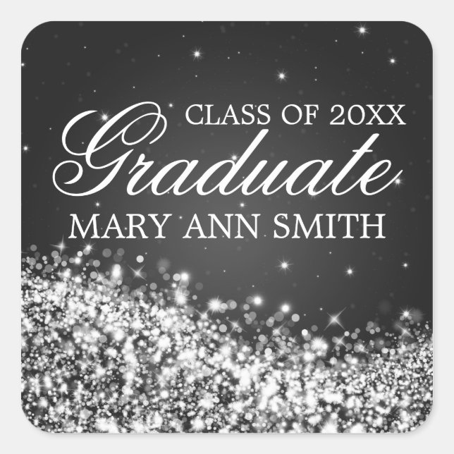 Graduation Elegant Sparkling Wave Black Square Sticker (Front)