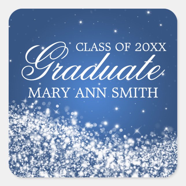 Graduation Elegant Sparkling Wave Blue Square Sticker (Front)