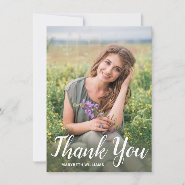 Graduation Elegant White Script Photo Thank You Card (Front)