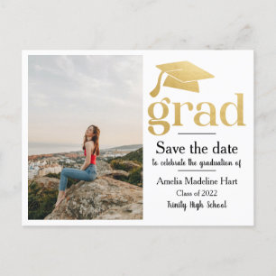 Graduation Faux Gold Foil   Save The Date Photo Postcard